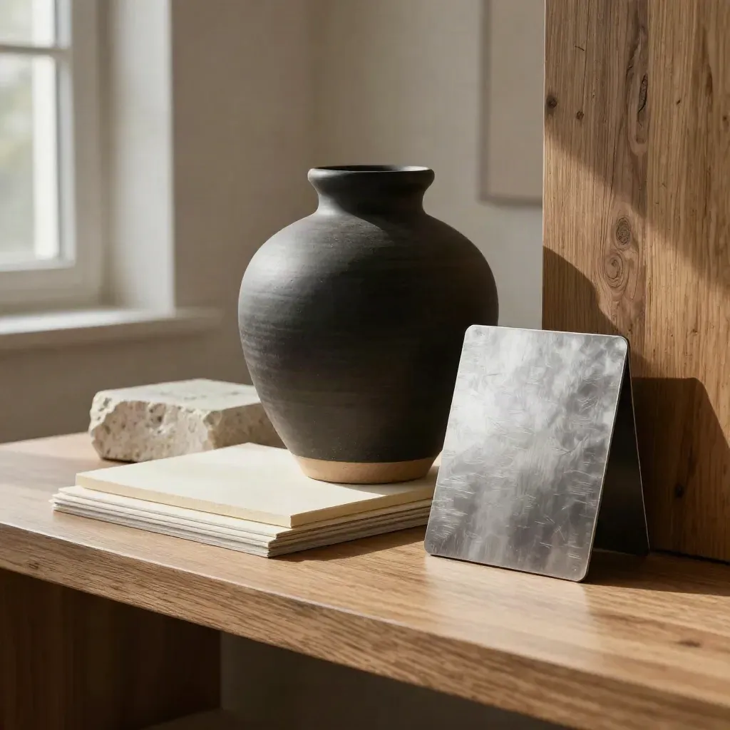 Ceramic vessel, stone sample and tonal swatches on a studio shelf in warm window light.