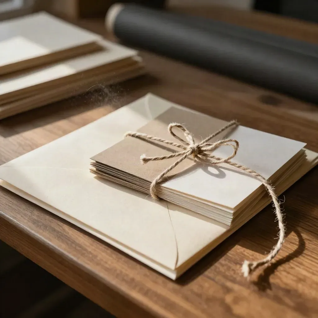 Cream launch mailer with envelope, folded cards and tied sample packet on walnut bench.