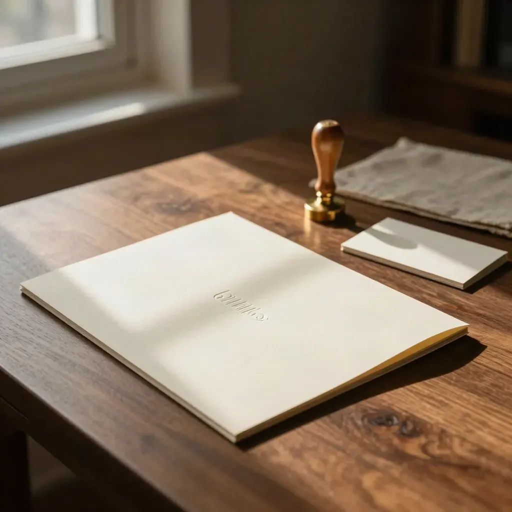 Embossed presentation folder with brass stamp and blank sleeve in warm studio light.