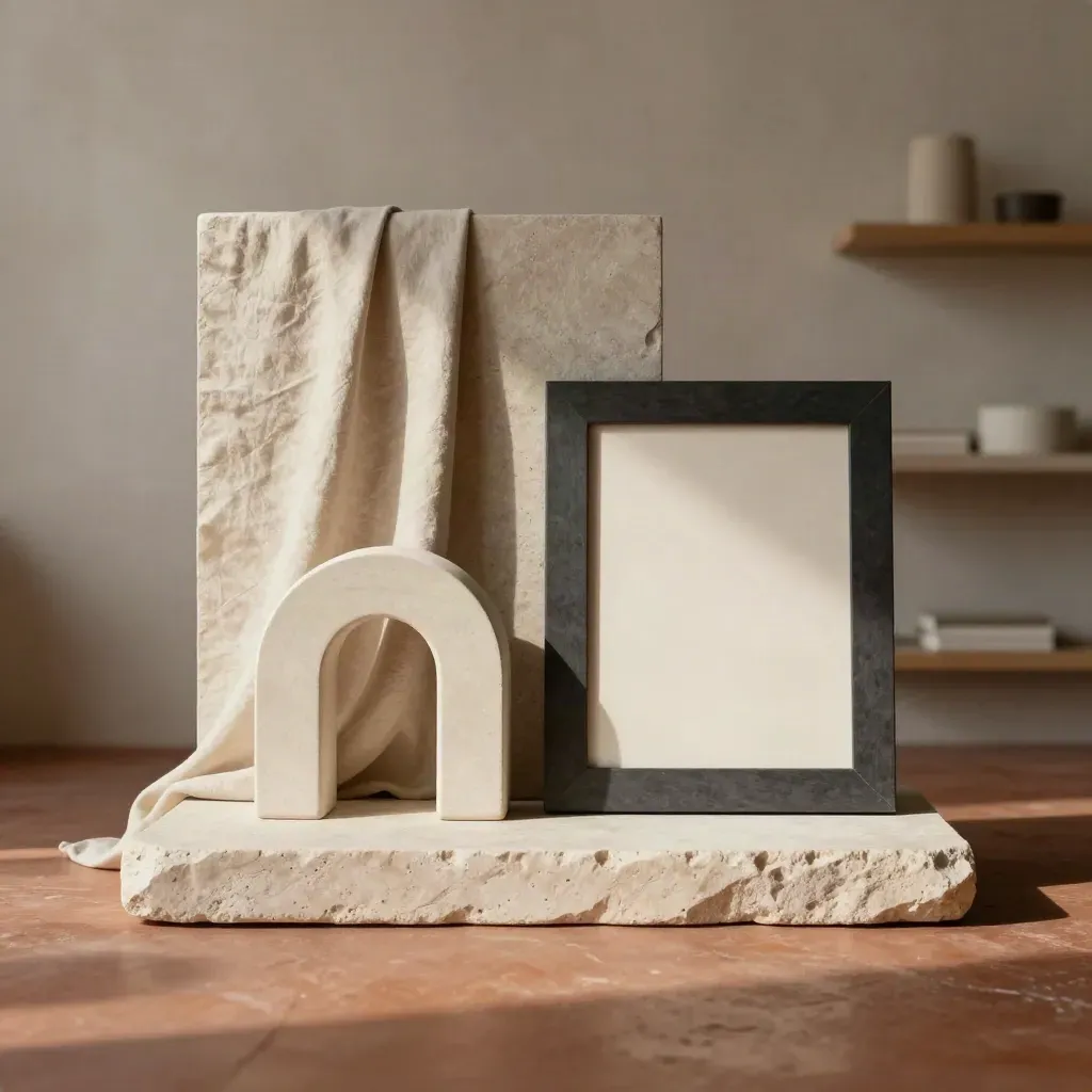 Stone plinth, ceramic arch, draped linen and charcoal frame in a moody studio set.