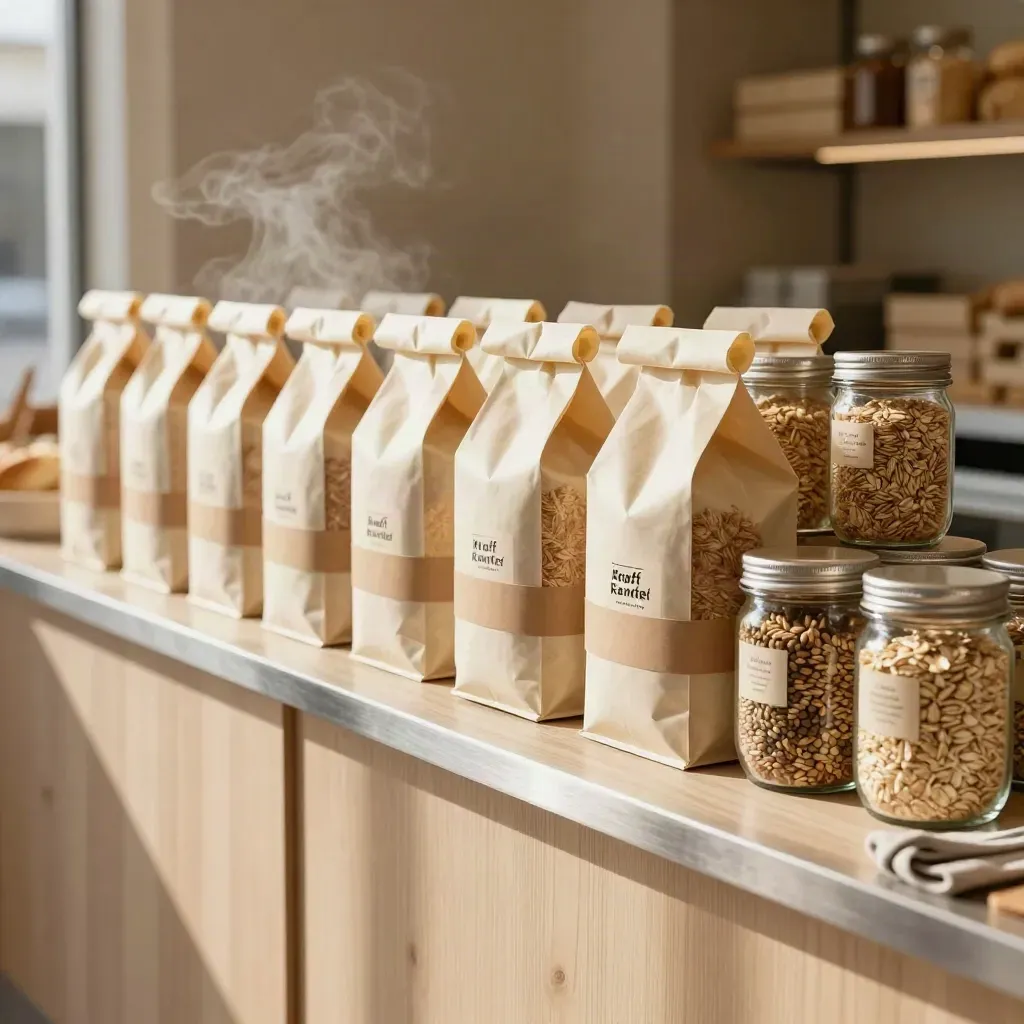 Bakery shelf reset with matching bread bags, pastry boxes and oat jars in warm side light.