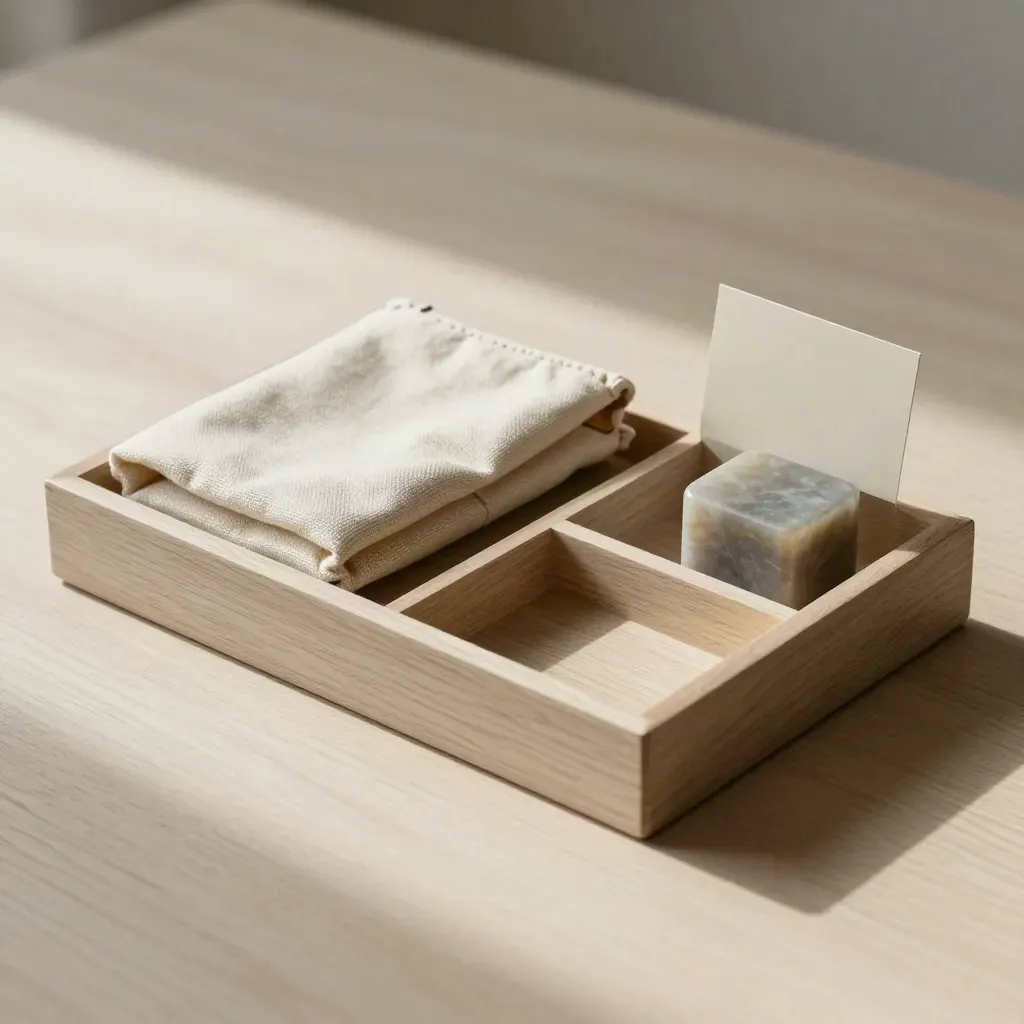 Routing tray, calico pouch and stone paperweight on pale wood in soft side light.