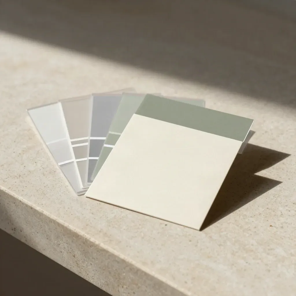 Muted identity cards, sleeves and swatches on plaster with soft side light.