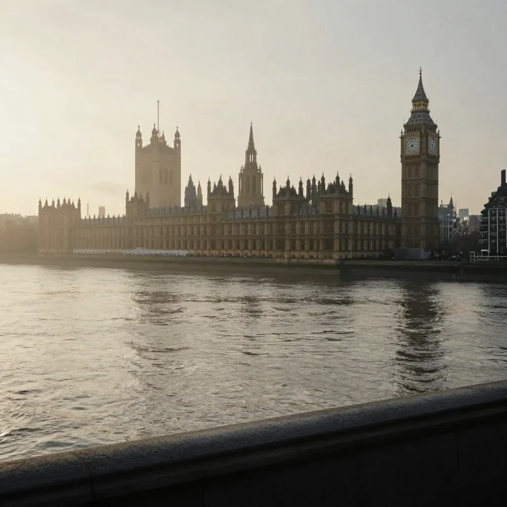 Westminster and the South Bank rising above a misty Thames at sunset