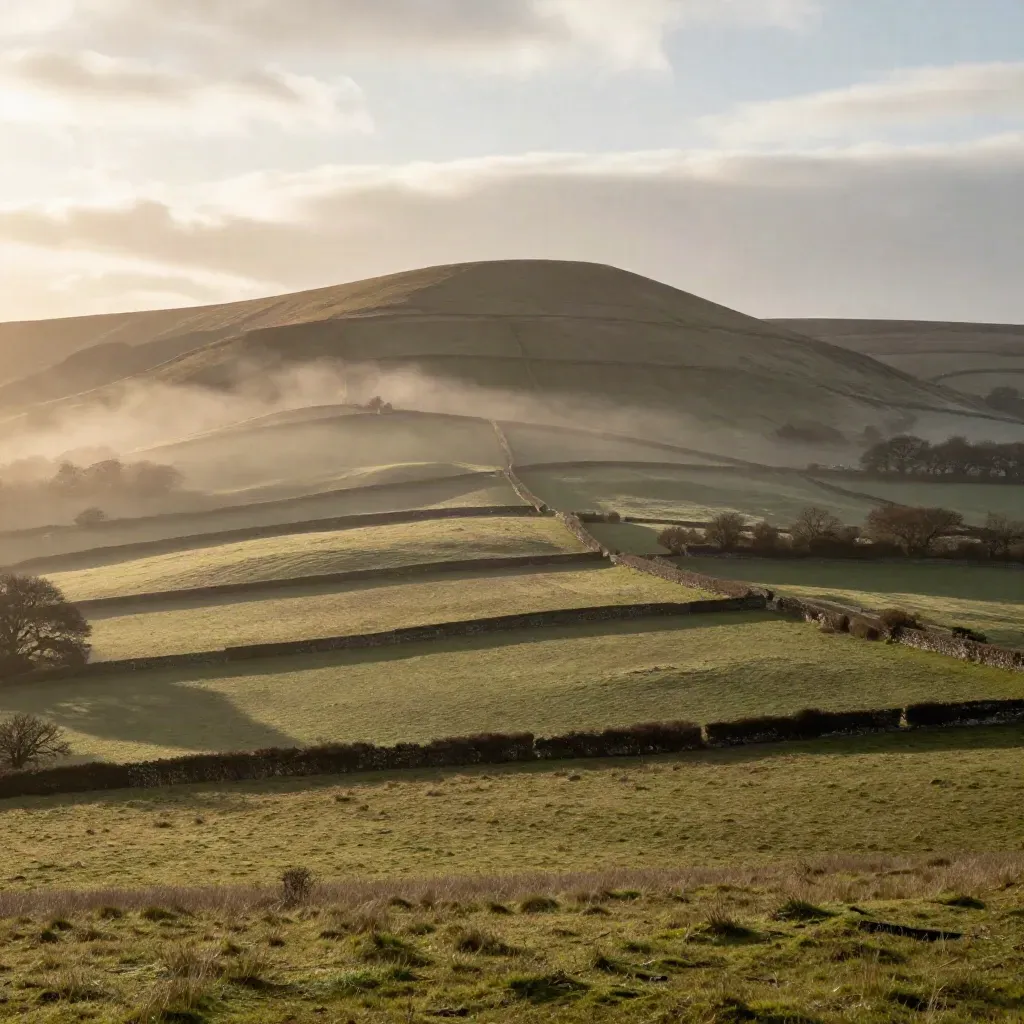 Mist lifting over the Malvern Hills at dawn, layered green ridges and calm open foreground.